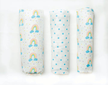 Organic Muslin Baby Blanket and Swaddle Set - Vibrant Rainbow Set (Pack of 3)