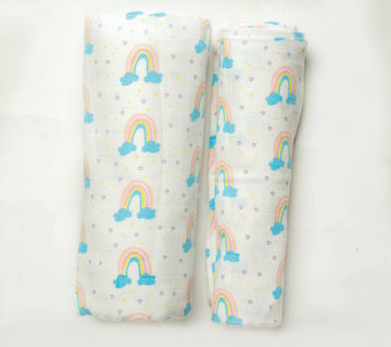Organic Muslin Baby Blanket and Swaddle Set - Vibrant Rainbow (Pack of 2)