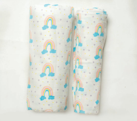Organic Muslin Baby Blanket and Swaddle Set - Vibrant Rainbow (Pack of 2)