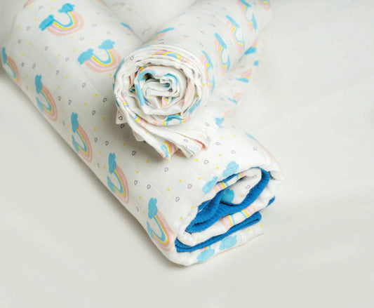 Organic Muslin Baby Blanket and Swaddle Set - Vibrant Rainbow (Pack of 2)