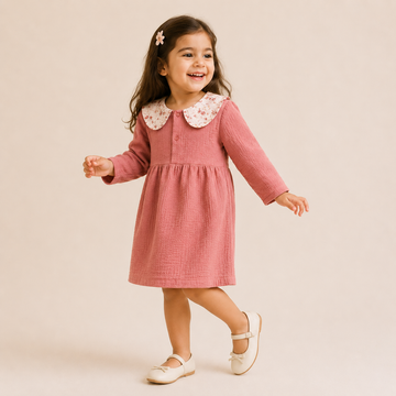 Thread Fairy Premium Cotton Muslin Dress with Floral Collar