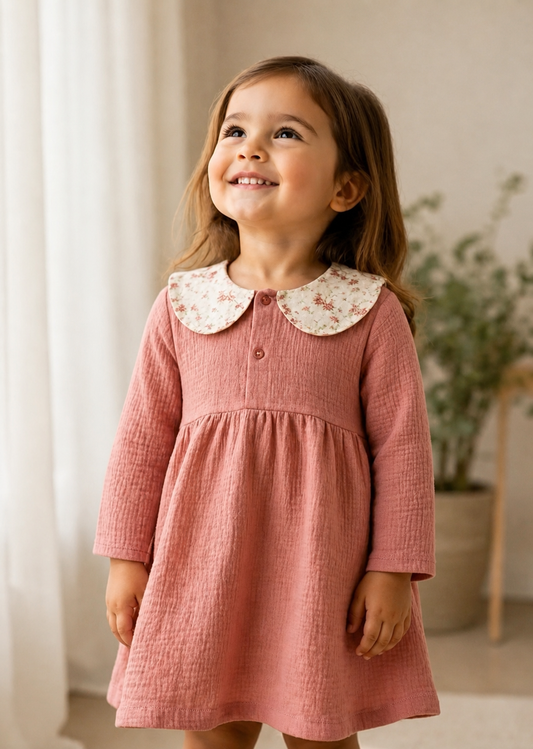 Thread Fairy Premium Cotton Muslin Dress with Floral Collar