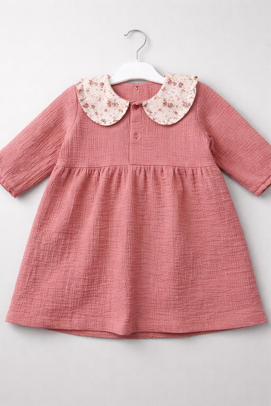 Thread Fairy Premium Cotton Muslin Dress with Floral Collar
