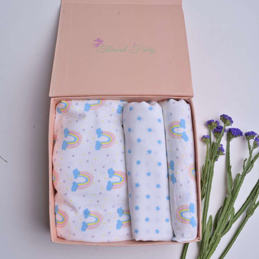 Organic Muslin Baby Blanket and Swaddle Set - Vibrant Rainbow Set (Pack of 3)