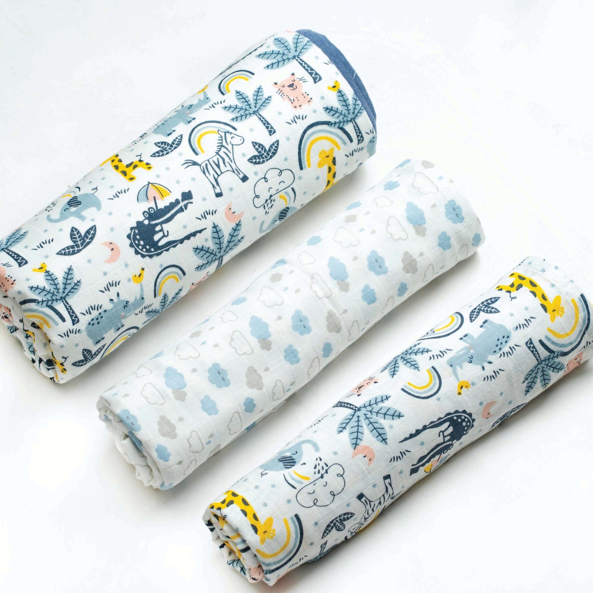 Organic Muslin Baby Blanket and Swaddle Set - Jungle Fun Set ( Pack of 3)