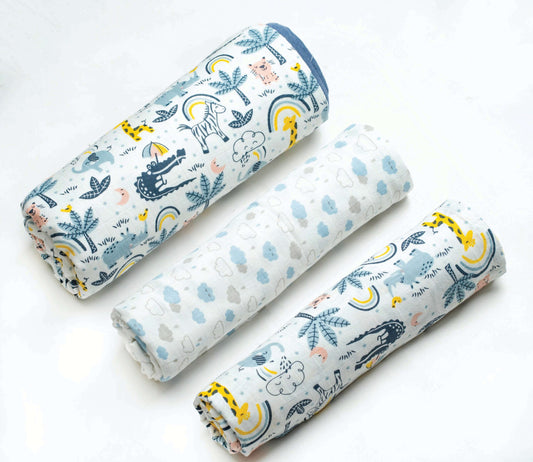 Organic Muslin Baby Blanket and Swaddle Set - Jungle Fun Set ( Pack of 3)