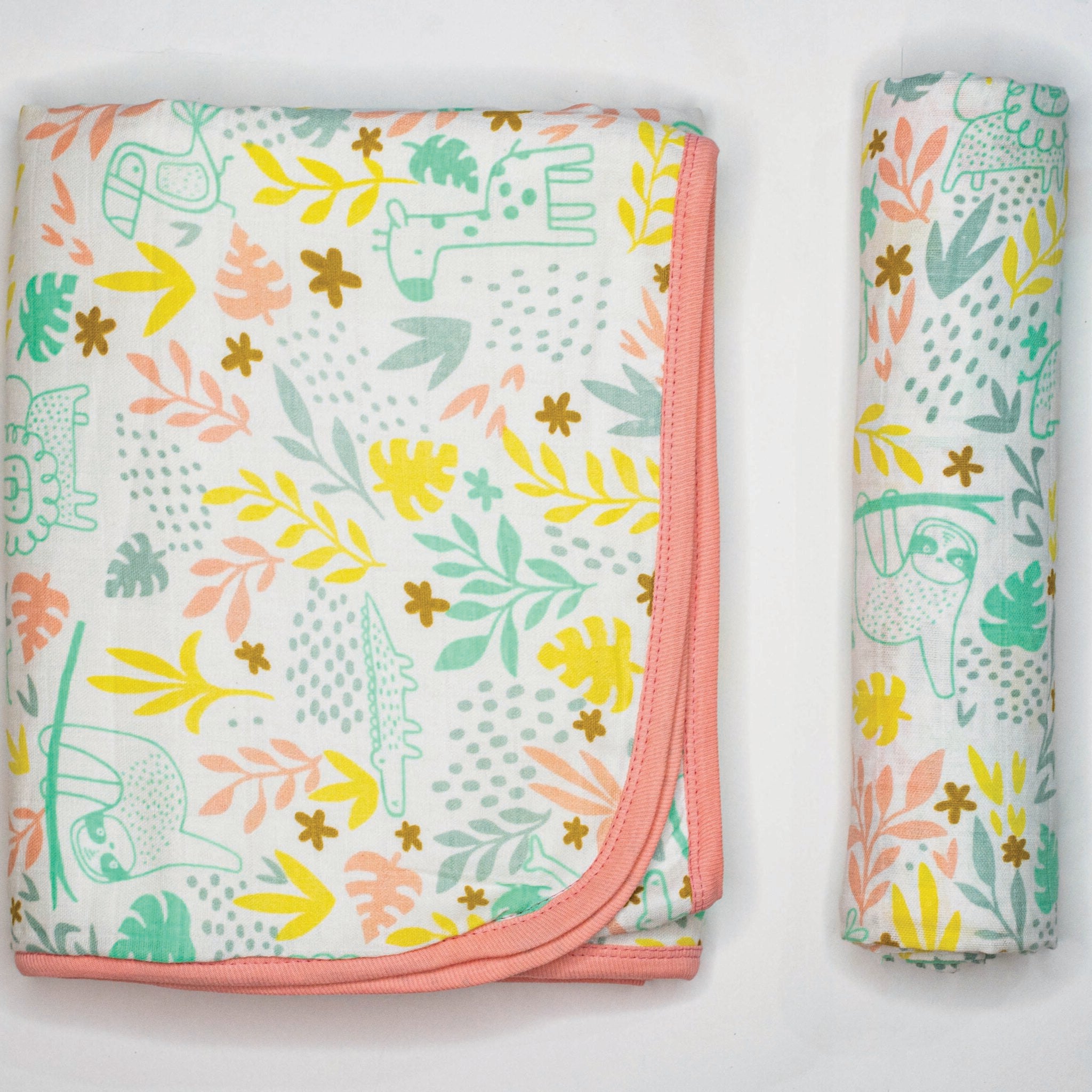 Organic Muslin Baby Blanket and Swaddle Set - Tropical Safari Set (Pack of 2)