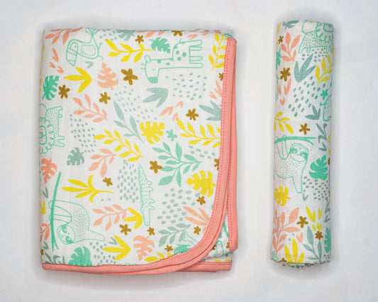 Organic Muslin Baby Blanket and Swaddle Set - Tropical Safari Set (Pack of 2)